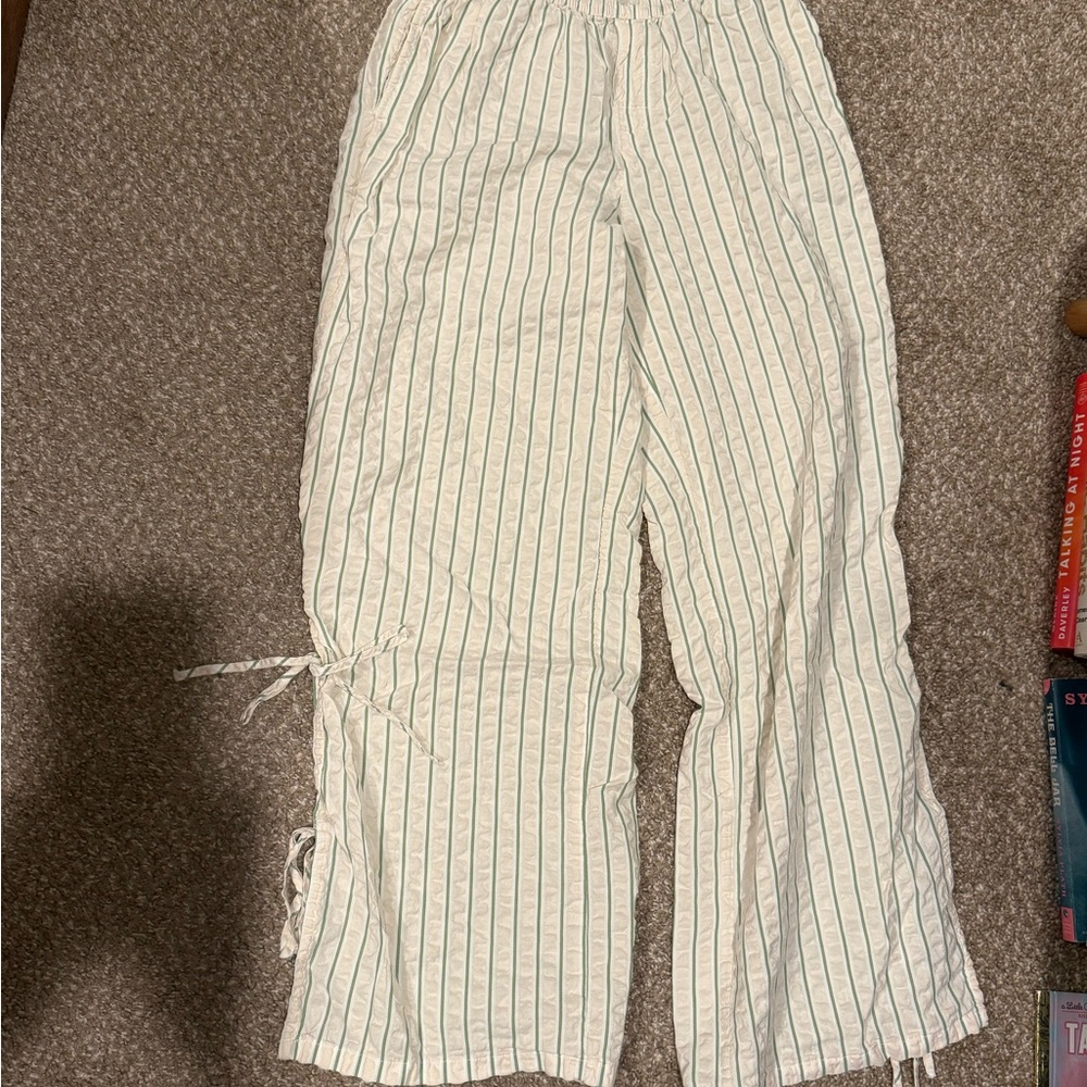 aerie Cream Shorts with Green Stripes and Light Blue Waistband